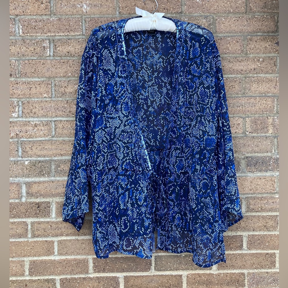 Sheer/ Navy blue with silver Sequin Trim Cardigan, L